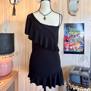 Vintage Women's Small Black Stretch One Shoulder Asymmetrical Mini Dress Top